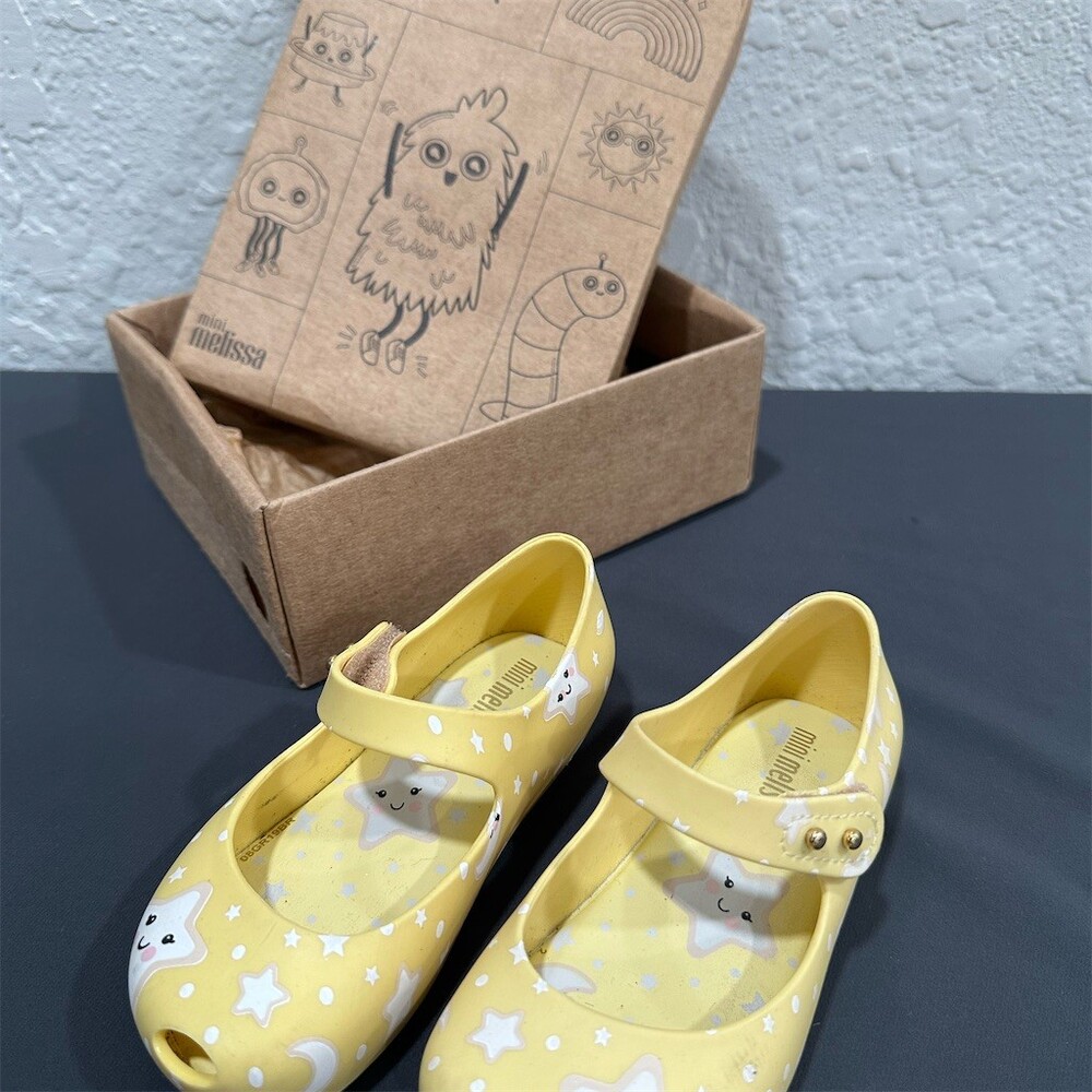 Mini Melissa Girls Mary Jane Jelly Flats Yellow Star & Moon Print Size 8
